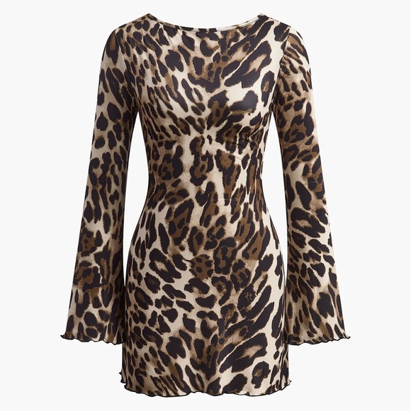 Commense Leopard Animal Printed Long Sleeve Open Back Tie Mini Short Dress - Picture 2 of 7